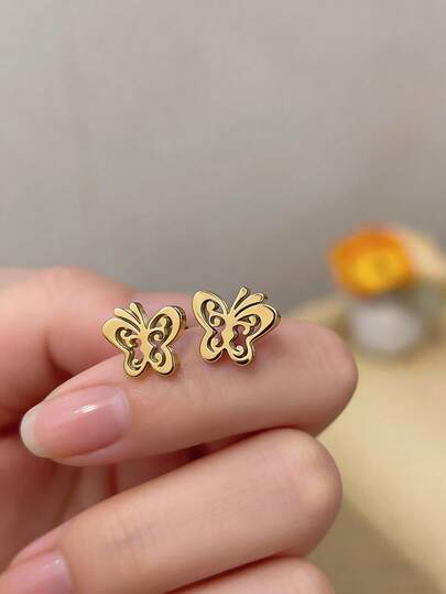 1 Đôi bông tai hình bướm rỗng tinh tế bằng vàng, làm từ thép không gỉ chống oxy hóa, trang sức thời trang, unisex, quà tặng cho người yêu, món quà bất ngờ nhân Ngày của Mẹ cho mẹ.