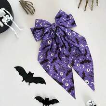 Pumpkin & Bat Print Bow Ribbon Spring Clip Spooky Ghost Pattern Hair Clip Hair Accessory, Shiny - Multicolor - View 2