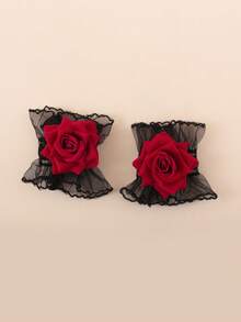 1 Cặp vòng hoa đeo tay kiểu Gothic, viền xốp đen với hoa hồng đỏ, thích hợp cho đám cưới, Halloween, dạ hội, tiệc Gothic. - 1 cặp vòng đeo tay - Xem 4