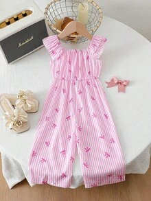 Bộ áo liền quần kẻ sọc in hình nơ cho bé gái, thích hợp cho mùa xuân/hè. - Nhiều màu - Xem 2