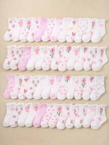 24/12/6 Pairs Toddler Girls Floral Print Bow Decor Ruffle Trim Socks, Pink Cute Baby Girls Floral Pattern Bow Decor Ruffle Edge Soft Breathable Daily Wear Socks - Multicolor - View 3