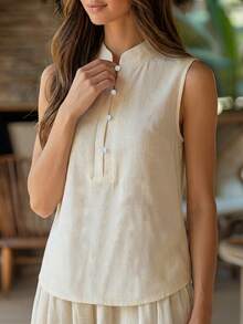 Women's New Solid Color Half-Open Mushroom Button Chinese Style Elegant Casual Versatile Slouchy Vest, All-Match Sleeveless Top For Home & Office, Summer - Apricot - View 5