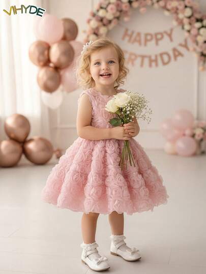Vihyde Young Girl 3D Rose Flower Double Layer Tulle Wedding/Birthday Party Flower Girl Dress