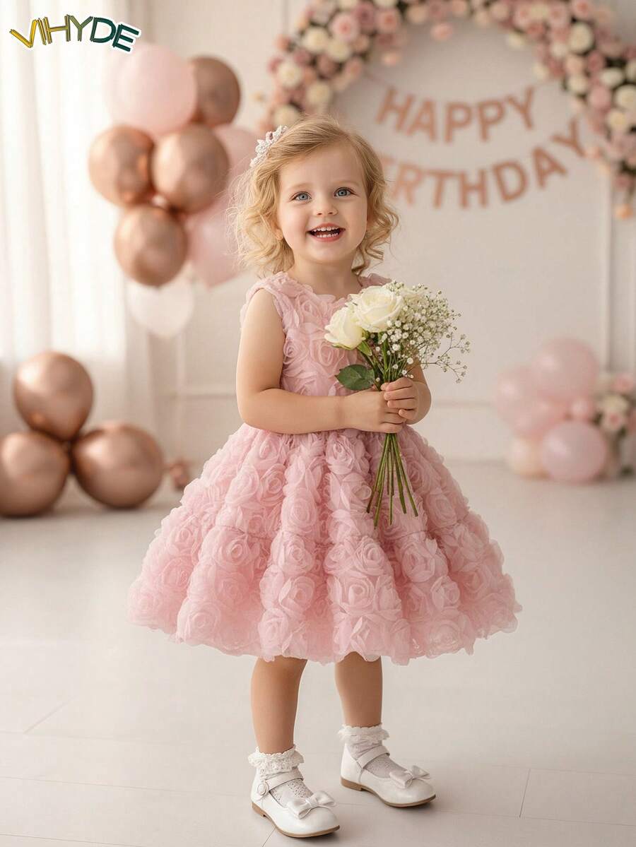 年轻女孩 3D 玫瑰花双层薄纱婚礼/生日派对花童礼服 - 淺粉色 - 查看 1