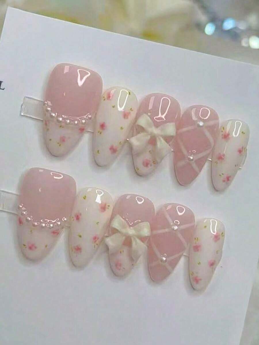 10pcs Floral Faux Pearl French Almond Short Nails, Y2K Girly Cute Bowknot Ballet Style Simple Versatile Handmade Wearable Nail Tips, Suitable Daily Wear, Press-On Nail Accessories Women Nail Supplies Handmade Press On Nails - 彩色 - 查看 1