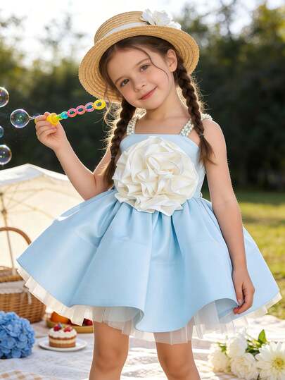 Young Girl' Elegant Blue 3D Floral Bow Pearl Contrast Color Slip Dress, Princess Dress For Birthday Party, Wedding, Flower Girl, Party, Stage Performance, Easter, Vacation