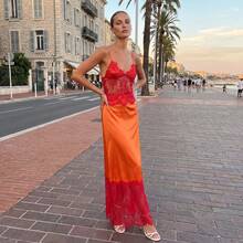 Vestido de encaje patchwork para mujer, vestido de verano sin mangas con tirantes finos y escote en V profundo. - Naranja rojizo - Ver 3