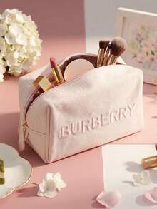 Burberry Y2K Style Pink Embroidered Logo Cosmetic Bag, Denim Fabric Portable Makeup Pouch, Travel & Party Essential Gift - Light Pink - View 3