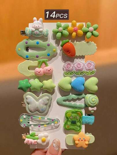 14件套女士时尚发夹套装，绿色，甜美可爱的泰迪熊和兔子卡通图案，多种发夹款式，适合日常佩戴，发饰，推荐礼品，爪夹，发夹，发卡