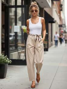 Pantalon pour femme, taille haute, jambe droite, coupe décontractée, pantalon long en coton, fermeture éclair, boutons, poches, ceinture élastique, pantalon décontracté pour femme, coupe classique, avec passant de ceinture, tissu confortable, style quotidien. - Beige - Voir 4