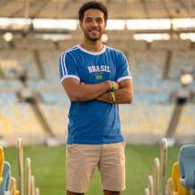Men's Retro Brazil T-Shirt With Embroidered Design, Combed Cotton. - 藍色 - 查看 5