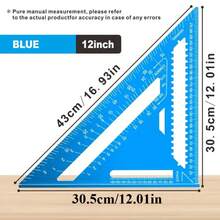 Regla triangularétrica de aleación de aluminio de alta precisión para carpintería de ''/12'' con transportador de ángulo recto y indicador de marcado portátil RB0O - 7 pulgadas azul métrica - Ver 1