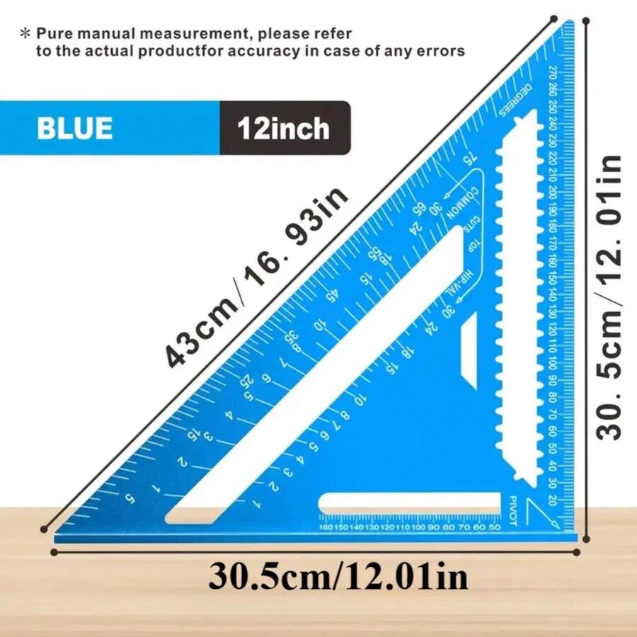 Regla triangularétrica de aleación de aluminio de alta precisión para carpintería de ''/12'' con transportador de ángulo recto y indicador de marcado portátil RB0O - 7 pulgadas azul métrica - Ver 1