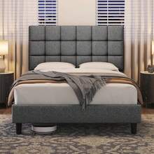 4ft6 Double Upholstered Platform Bed - Adjustable Square Tufted Headboard, Linen Fabric With Sturdy Wooden Slat Support, Beige (No Box Spring Needed) - Light Grey - View 1