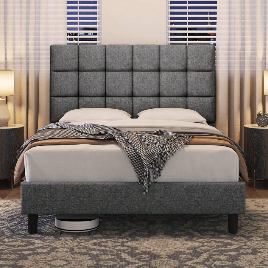 4ft6 Double Upholstered Platform Bed - Adjustable Square Tufted Headboard, Linen Fabric With Sturdy Wooden Slat Support, Beige (No Box Spring Needed) - Light Grey - View 1