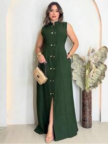 Elegant Women's Casual Long Dress With High Neck, Sleeveless, Straight Neckline, Sleeveless Long Dresses. - 藏蓝色 - 查看 4