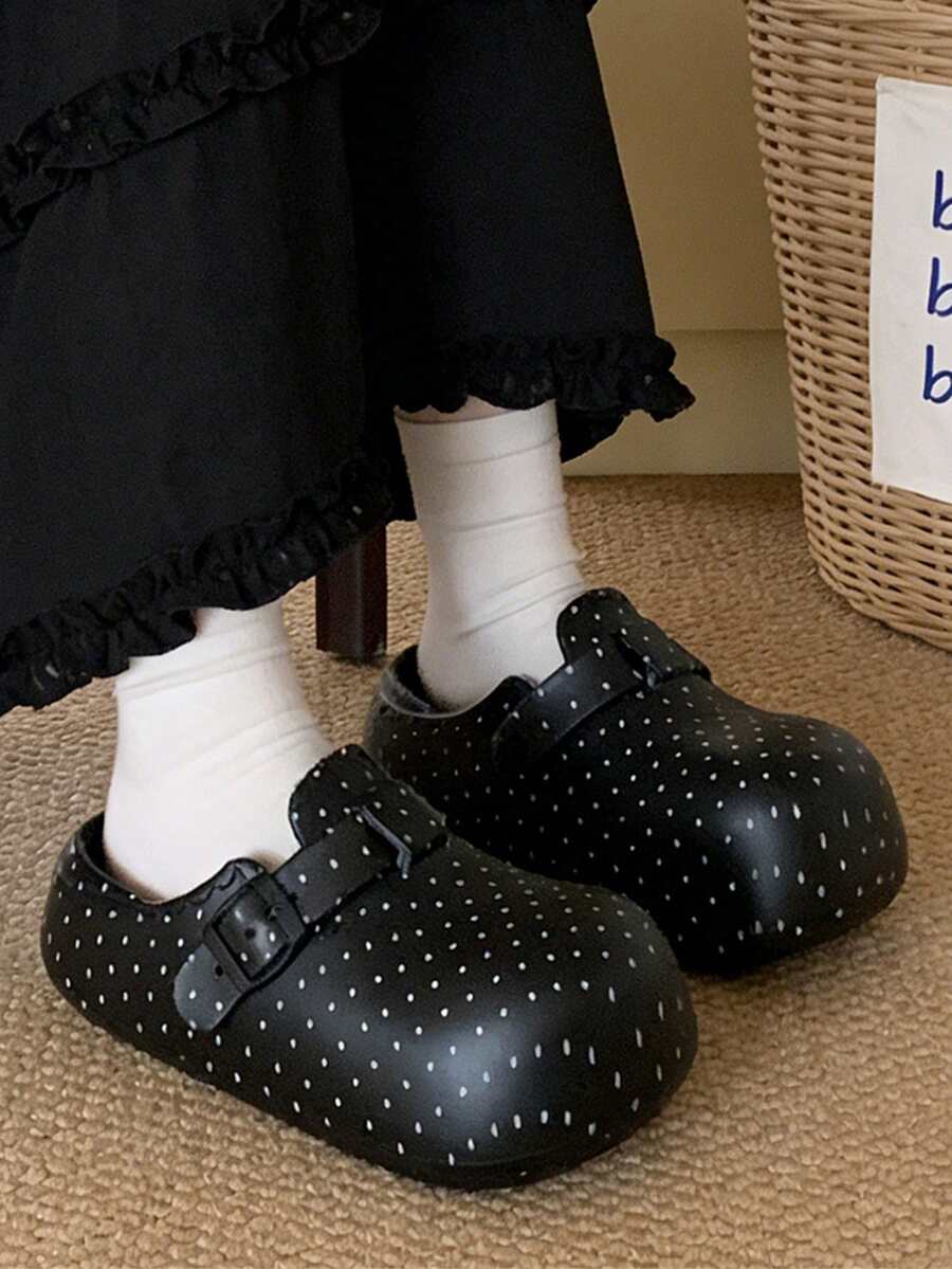 女士厚底凉鞋，黑色波点装饰，夏季室内/室外时尚休闲沙滩防滑防水厚底拱形支撑透气木屐，适合女孩和学生