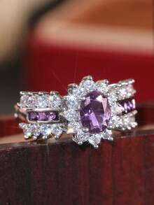 1枚奢华立方氧化锆戒指，女士款，适合婚礼、订婚、周年纪念、派对、情人节等场合佩戴。 - 1# - 查看 25