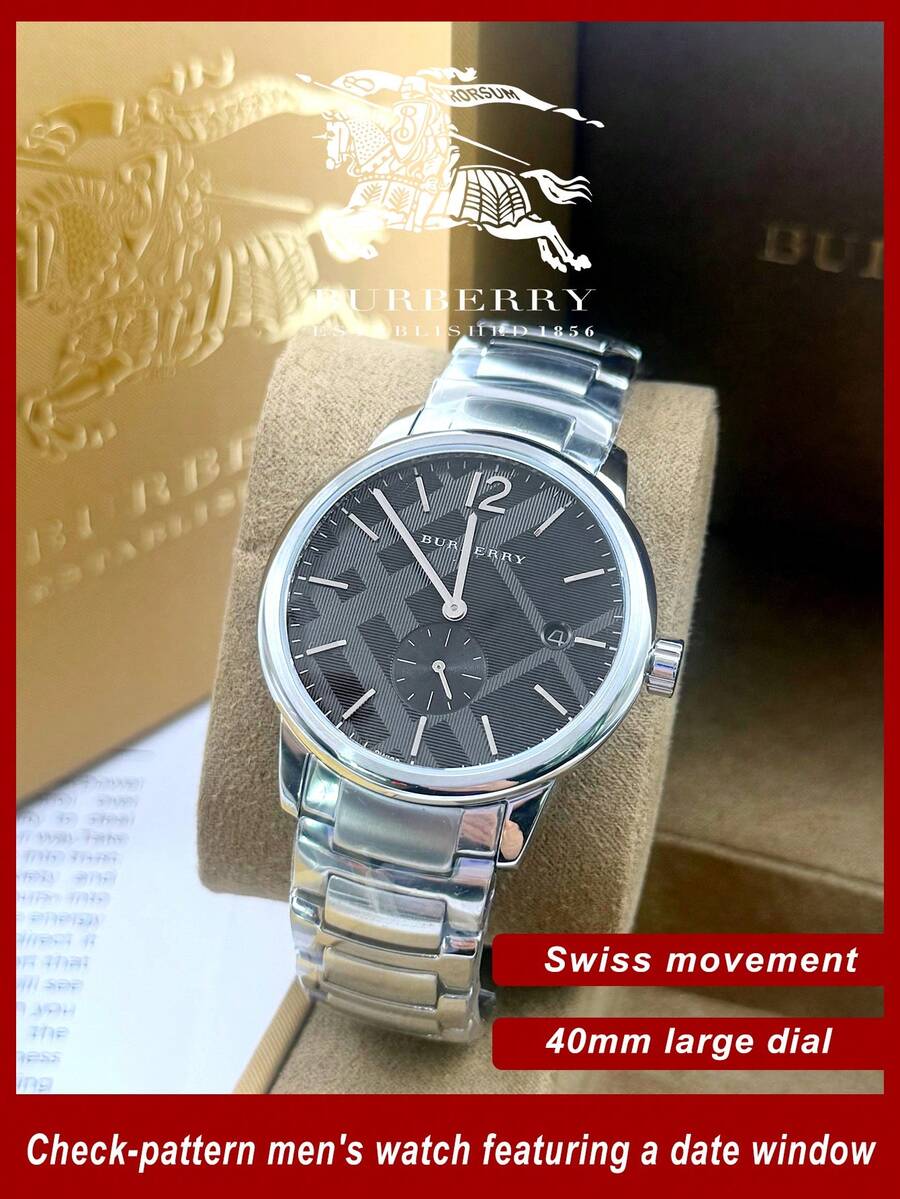 Burberry Đồng hồ nam cổ điển mặt tròn màu đen, dây đeo thép bạc. - Bạc - Xem 1