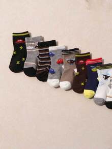10双装婴儿卡通汽车和宇航员图案中筒袜，简约时尚百搭透气弹力袜，适合日常休闲穿着，春夏款 - 彩色 - 查看 4