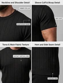 ZYNTH BALENO Herren Sommer Mode Rundhals Vertikal gestreifter Kurzarm Pullover, geeignet für Gym, Sport, Radfahren, Laufen Schwarz - Schwarz - Übersicht 4