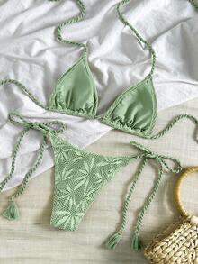 Bikinx Bộ bikini hai mảnh phong cách Bohemian mùa hè dành cho nữ: Áo bikini tam giác bằng vải lưới in họa tiết lá và quần bikini buộc dây tua rua. Thích hợp cho kỳ nghỉ. - Màu xanh Bạc hà - Xem 5