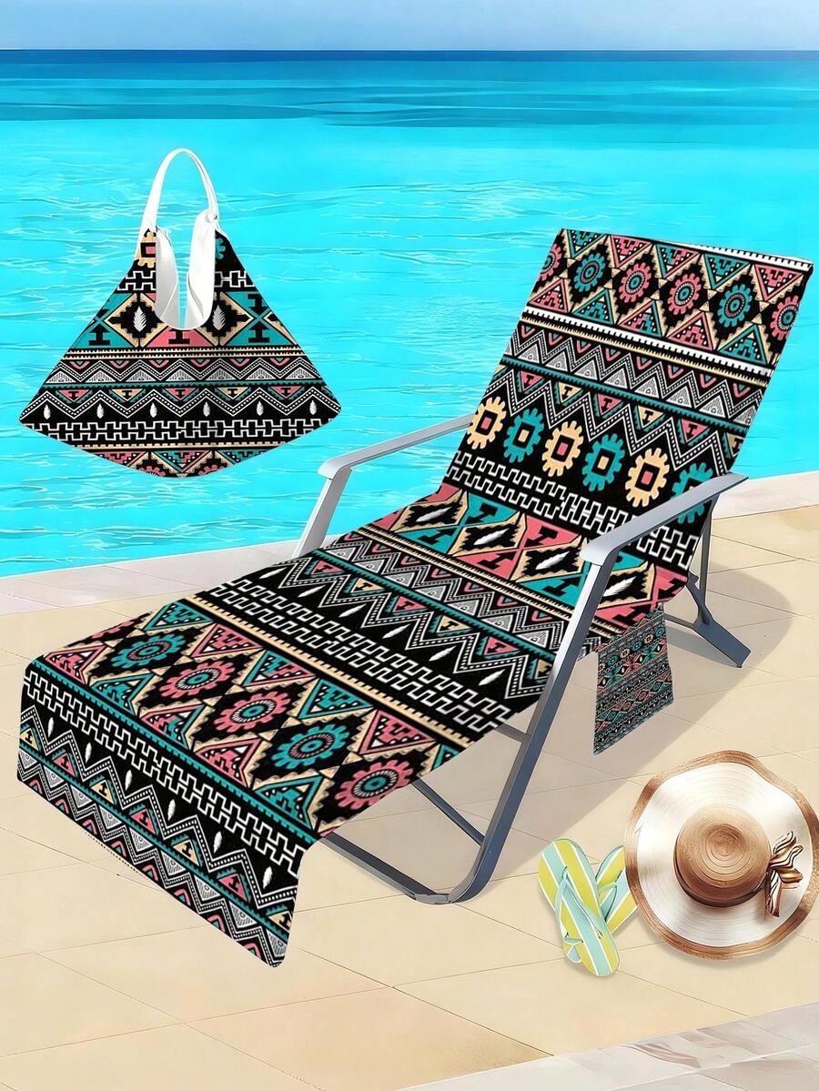 1 pieza Funda de silla de playa estilo bohemio, toalla de tumbona de fibra ultra suave con bolsa de almacenamiento, adecuada para piscina, tumbona de soleo, hotel, jardín