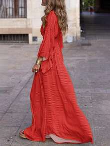 2026春秋新品：休闲时尚，轻盈透气，修身剪裁，优雅度假风，法式简约，数字格纹印花长袖宽松V领连衣裙，女士秋季服装，秋季连衣裙，女士秋季连衣裙，返校连衣裙，教师装，户外休闲装，女士约会装，女士婚礼宾客度假连衣裙 - 紅色 - 查看 3