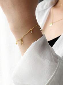 BALMORA 1 chiếc vòng tay bạc Sterling 925 thời trang, thanh lịch, hình thánh giá đính đá Cubic Zirconia, mặt dây chuyền tua rua, thích hợp đeo hàng ngày, làm quà tặng tình bạn, dự tiệc. - Vàng - Xem 3