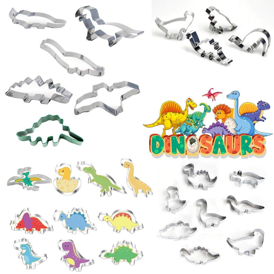 Molde para galletas con forma de dinosaurio, molde de galletas de dinosaurio de metal de acero inoxidable divertido, molde para panqueques con forma de dinosaurio para niños, regalos para el Día de la Madre, artículos para mamá, suministros de repostería - Plateado - Ver 1