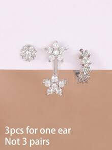 3PCS French Design Double Flower Dangle Earrings Sets For Women Unique Zirconia Hoop Earring Engagement Birthday Jewelry Gift - 3PCS-silver - View 4