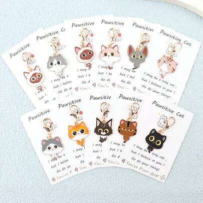 Ensemble de porte-clés de chat à grosse tête de dessin animé, avec une carte de chat positive disant "Je crois en toi, vas-y, tu es parfait". Pendentif animal de dessin animé, universel pour les fêtes, convient pour les mariages, anniversaires, fête des enseignants, remise des diplômes