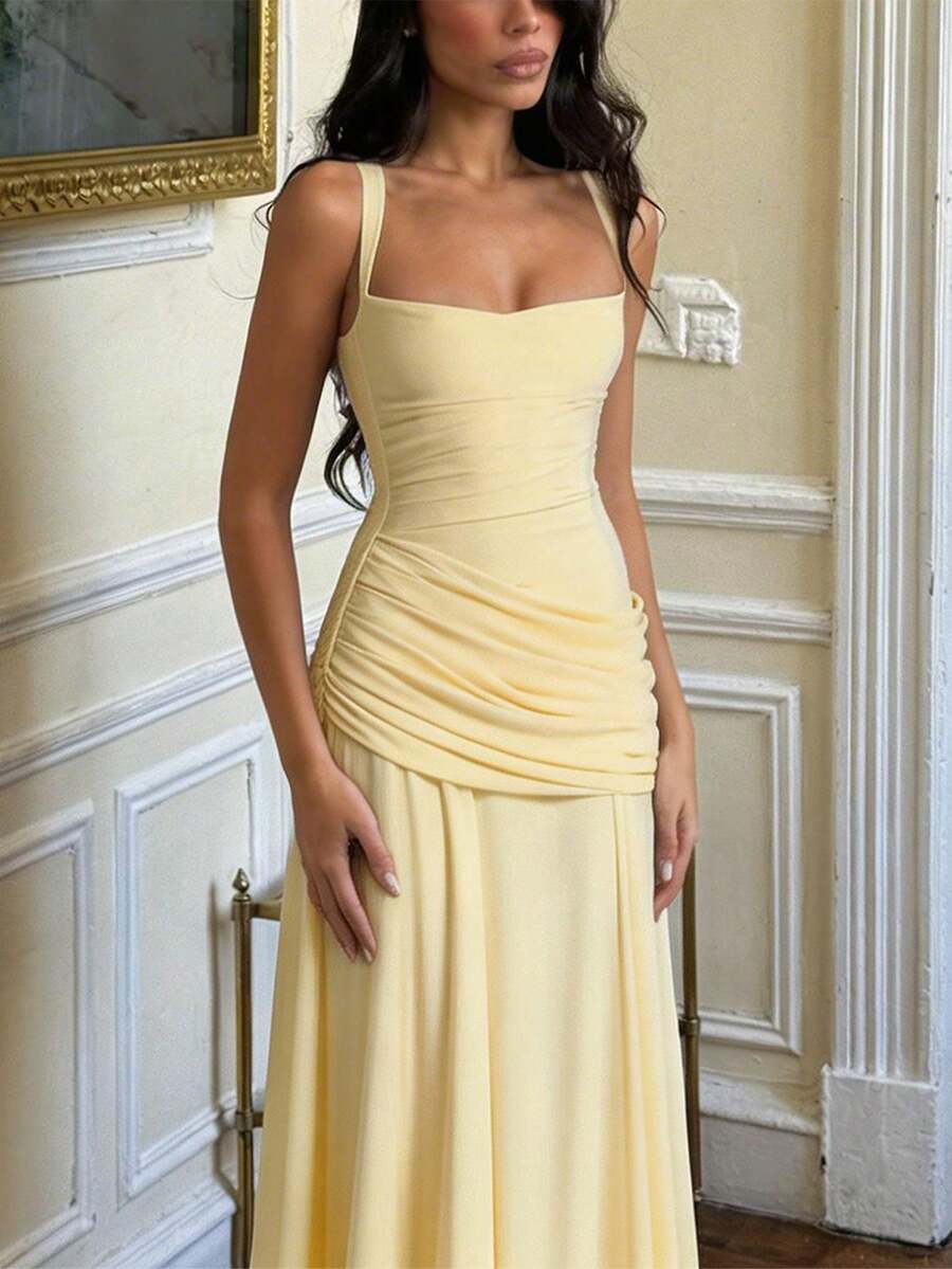 Women's Solid Color Criss-Cross Ruched Bodycon Maxi Dress, Elegant Sexy Party Evening Gown Wedding - Yellow - View 1