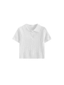 夏季新款女士独特精美 Polo 领针织短袖打底衫 白色 - 白色 - 查看 6