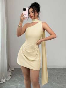 abyoxi Đầm ngắn nữ màu vàng nhạt, lệch vai, cổ khăn, cổ áo bất đối xứng, xếp ly nhún eo, dáng ôm, thanh lịch, sang trọng, thích hợp cho kỳ nghỉ, tiệc bãi biển, đám cưới, lễ hội, lễ tốt nghiệp, dạ hội, đầm ngắn ôm sát mùa xuân hè. - Vàng nhạt - Xem 6