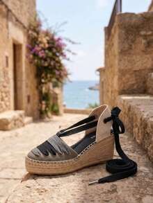 Espadrillas da donna con zeppa in juta, sandali con lacci alla caviglia e punta chiusa, calzature bohémien per le vacanze. Fibbia annodata stile bohémien per le vacanze. - nero - Visualizzare 2