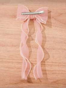 1 chiếc kẹp tóc nơ lưới màu hồng đính ngọc trai, thích hợp để sử dụng hàng ngày. - Hồng - Xem 2