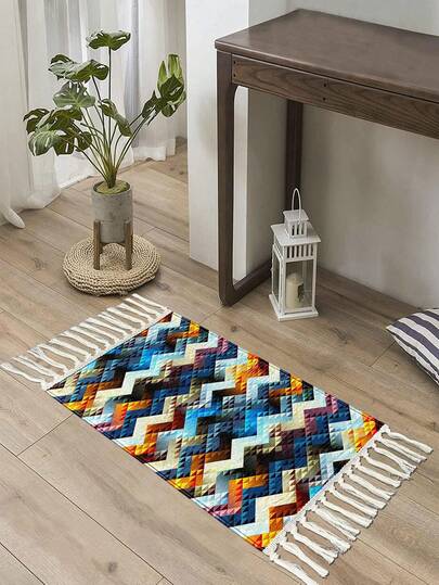 1件彩色V形条纹图案厨房地垫，仿羊毛材质，可水洗，方形厨房装饰地垫，柔软易清洁，艺术设计门垫，适用于厨房、餐厅、民宿、酒店、客厅、走廊，节日礼物，春夏新品