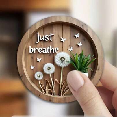 1个2D平面亚克力冰箱贴装饰牌 - 自然风景乡村风格蒲公英和蝴蝶“呼吸”标志，冥想墙饰，适用于家居、办公室、水疗中心 - 乔迁礼物、母亲节礼物、父亲节礼物，无需电池/电源，不规则无框设计，家居装饰，办公室装饰，简约标牌，耐用材质，手工质感，励志装饰，励志语录，适合送礼，2D平面