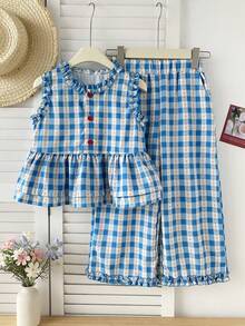 女童休闲修身格子衬衫长裤套装，夏季 - 淺藍色 - 查看 1