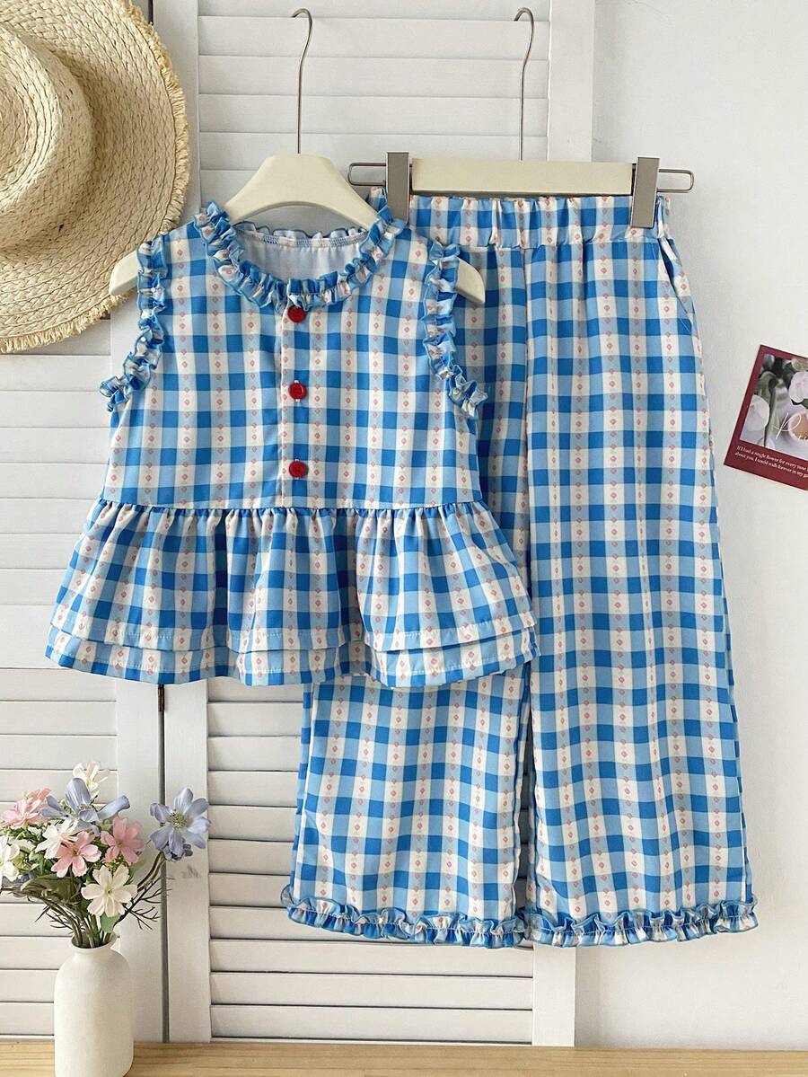 女童休闲修身格子衬衫长裤套装，夏季 - 淺藍色 - 查看 1