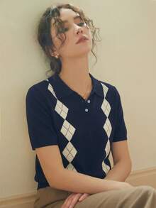 Elegant Women's Spring/Summer Fashion Casual Diamond Pattern Turndown Collar Button Front Knit Short Sleeve Pullover Sweater Top - Navy Blue - View 4