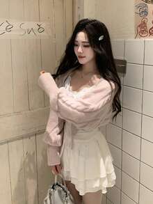 Cardigan Lengan Panjang Elegan Warna Polos Model Korea, Rajutan Lembut, dengan Ikatan Depan, Warna Pink untuk Musim Gugur - Berwarna merah muda - View 9