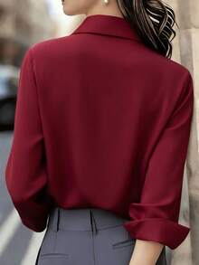 Women's Purple Lapel Long Sleeve Button-Up Shirt, Made Of Satin Fabric, Suitable For Work Or Casual Occasions - Burgundy - View 3