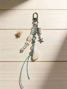 海洋风鱼骨串珠钥匙扣，贝壳和海星仿珍珠吊坠，简约包包挂饰 - 彩色 - 查看 4