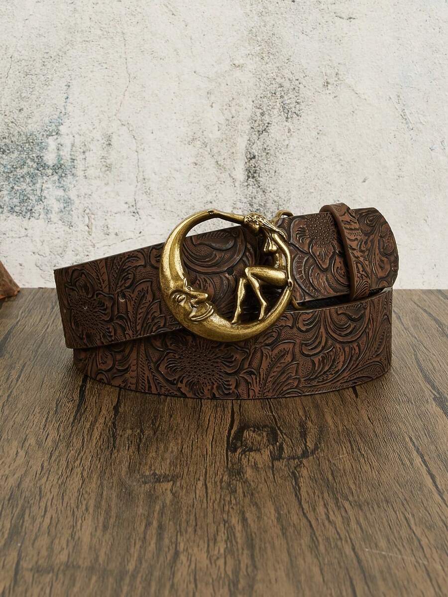 1条波西米亚复古青铜色新月形金属黑色压纹图案牛仔腰带，适合搭配牛仔裤，休闲、户外、派对、四季皆宜、返校季、女士、母亲节、生日礼物 - 咖啡色月亮 - 查看 1