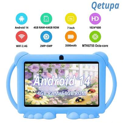 Qetupa 7英寸安卓14儿童平板电脑，带防震保护套，4GB RAM + 64GB ROM，1024*600 IPS触摸屏，3500mAh电池，2MP + 5MP双摄像头，蓝牙和Wi-Fi连接，适合早教、阅读和游戏，随时随地享受娱乐；男孩女孩的节日礼物（不含电源适配器，不支持SIM卡）。