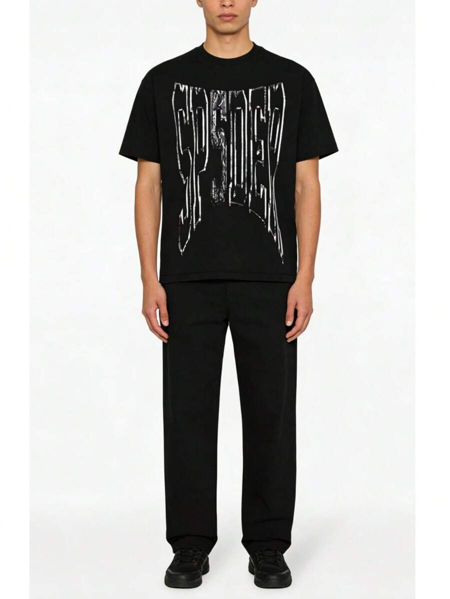 Sp5der Worldwide Diffused Collegiate T-Shirt | Acid-Washed Neon Logo Graphic | Premium Heavyweight Black Cotton Tee | Signature 555555 Puff Print Essential | Oversized Y2K Varsity Luxury Apparel - 黑色 - 查看 1