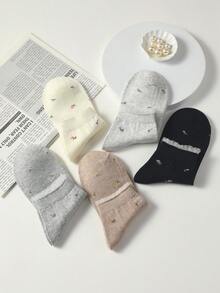 5 Pairs Women's Cute Breathable Floral Pattern Invisible Socks, Ankle Socks And Short Tube Socks, Fashionable INS Style Socks In White And Black, Minimalist And Comfortable, Suitable For Spring, Summer, Autumn And Winter - Multicolor - View 2