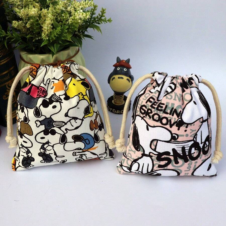 SNOOPY 1 chiếc túi vải bố dày hình chú chó hoạt hình dễ thương dùng để sạc dự phòng, đựng điện thoại, chìa khóa, tiền lẻ, đồ trang điểm, có ngăn dây rút, quà tặng năm mới, quà tặng ngày Valentine, quà tặng lễ Phục sinh [Kiểu ngẫu nhiên] - Nhiều màu - Xem 1